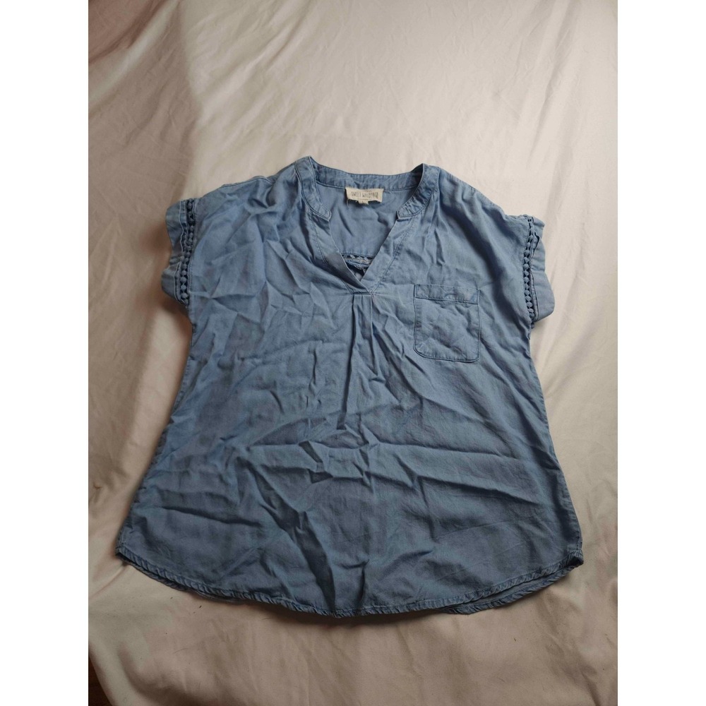 Sweet Wanderer Blouse Top Womens Large Blue Chambray Short‎ Sleeve V-Neck